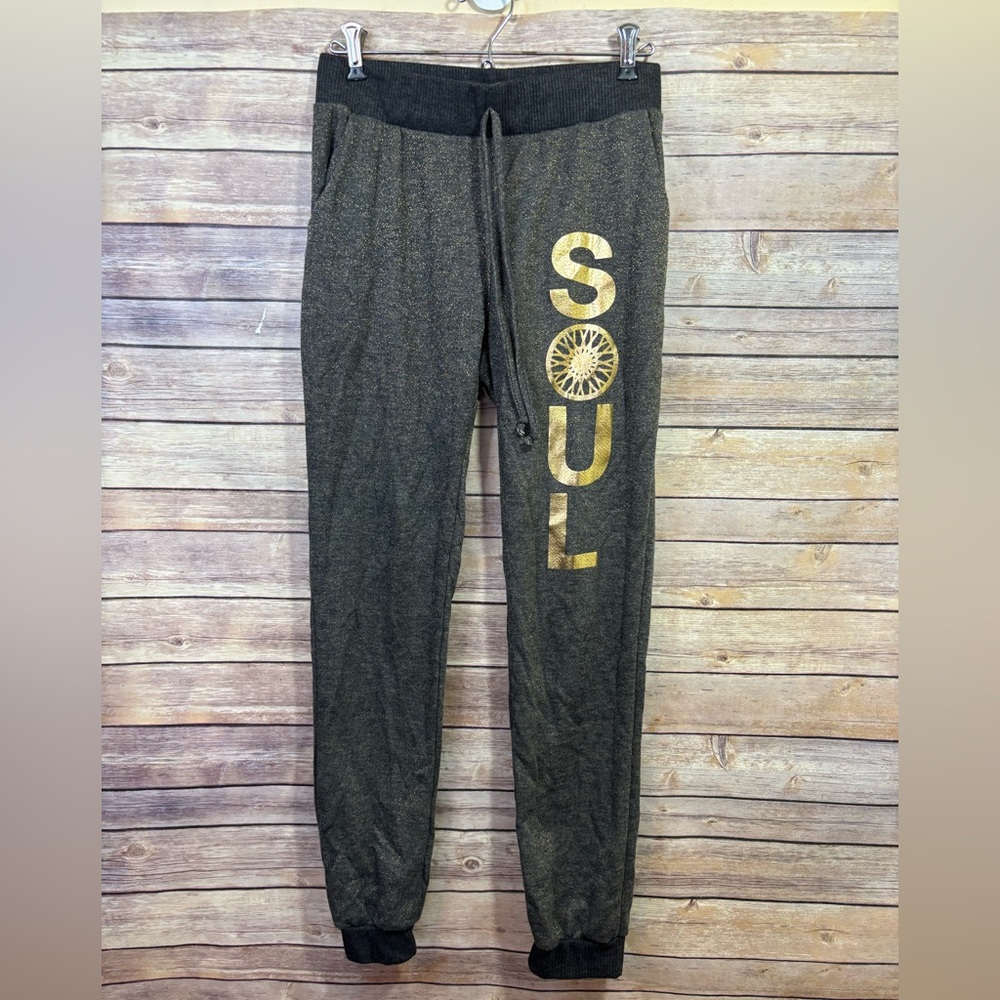 Soul Cycle Jogger Sweatpants Black Gold Logo Spellout Size Small